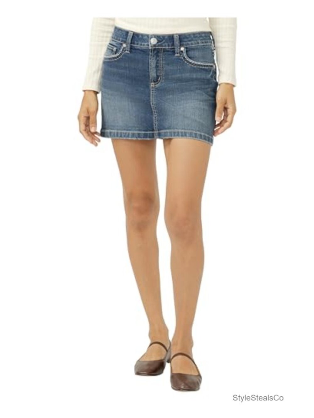 Mid Rise Denim Mini Skirt 5 Pocket Zip Fly Casual